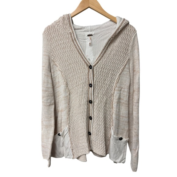 Free People Sweaters - Free People Cardigan Women Large Cream Hooded Mixed Media Knit Button Front Boho